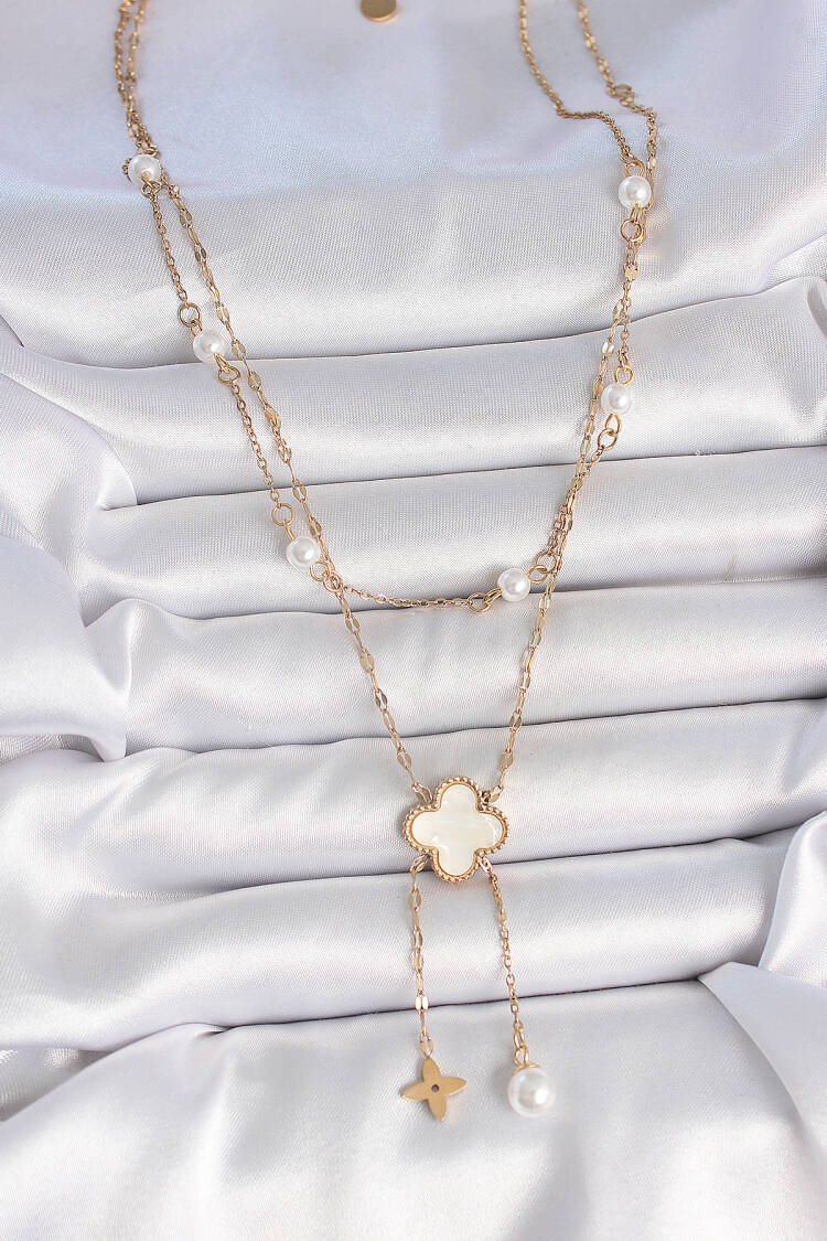 316l Steel Gold Color Chain White Clover Figure Shaking Flower Pearl Detail Women Necklace