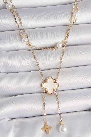 316l Steel Gold Color Chain White Clover Figure Shaking Flower Pearl Detail Women Necklace - Brand: Ebijuteri - Women's Clothing Wholesale - Globality Store