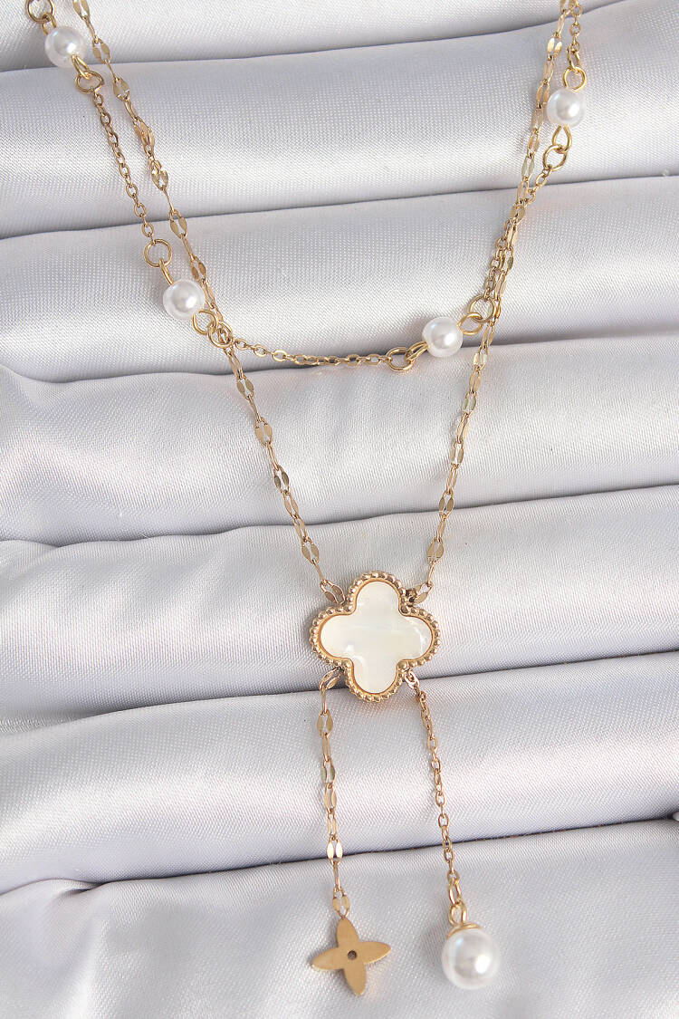 316l Steel Gold Color Chain White Clover Figure Shaking Flower Pearl Detail Women Necklace - Brand: Ebijuteri - Women's Clothing Wholesale - Globality Store