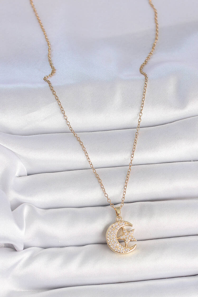 316l Steel Gold Color Chain Zircon Stone Moon Star Model Women Necklace