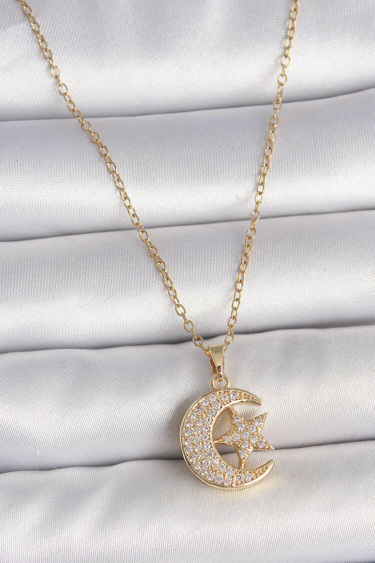 316l Steel Gold Color Chain Zircon Stone Moon Star Model Women Necklace - Brand: Ebijuteri - Women's Clothing Wholesale - Globality Store