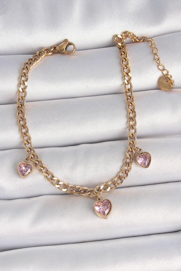 316l Steel Gold Color Chain Swing Pink Zircon Stone Heart Model Women Bracelet - Brand: Ebijuteri - Women's Clothing Wholesale - Globality Store