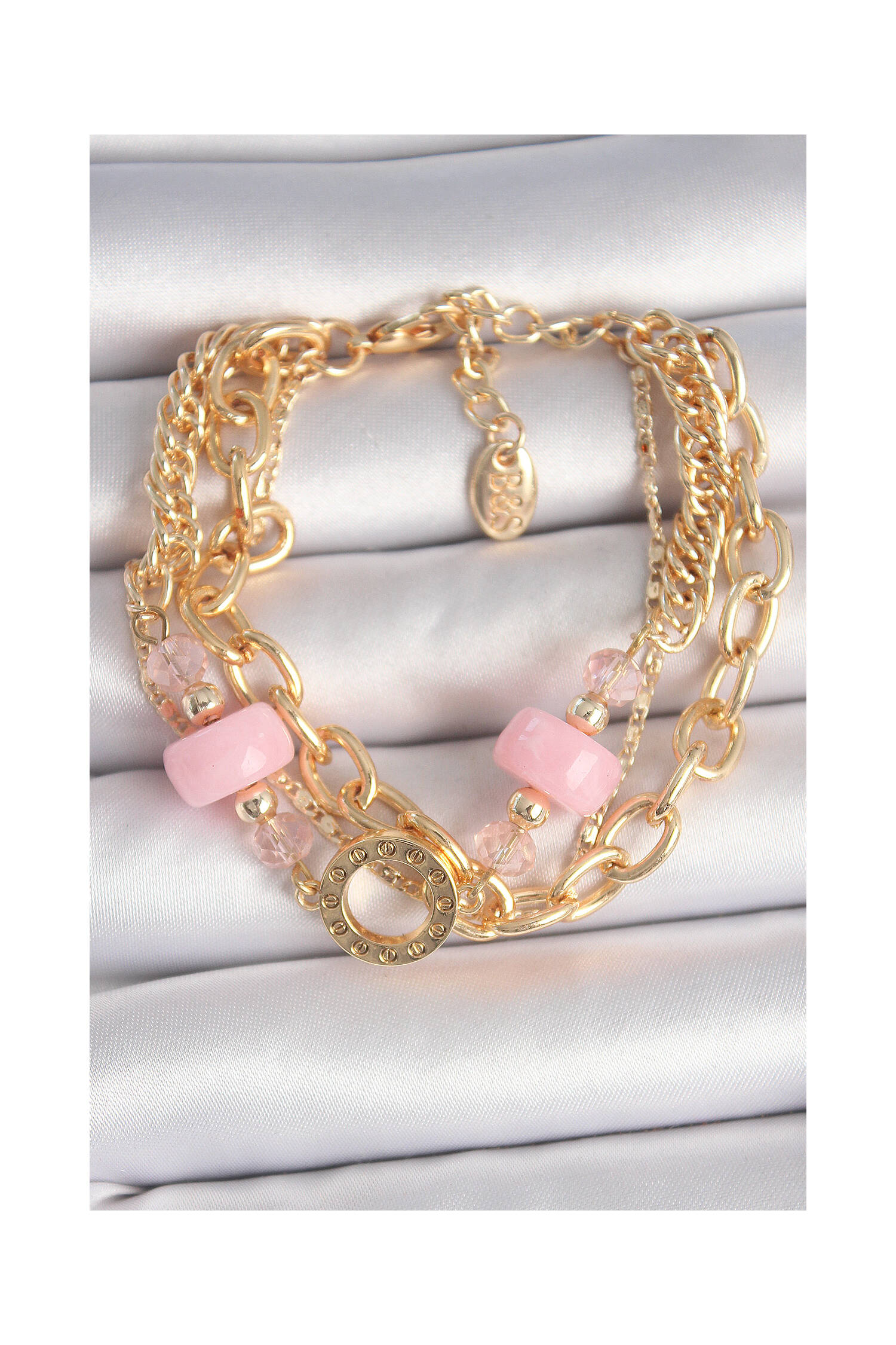 Brass Gold Color Multiple Pink Stone Women's Bracelet - Brand: Ebijuteri - Women's Clothing Wholesale - Globality Store