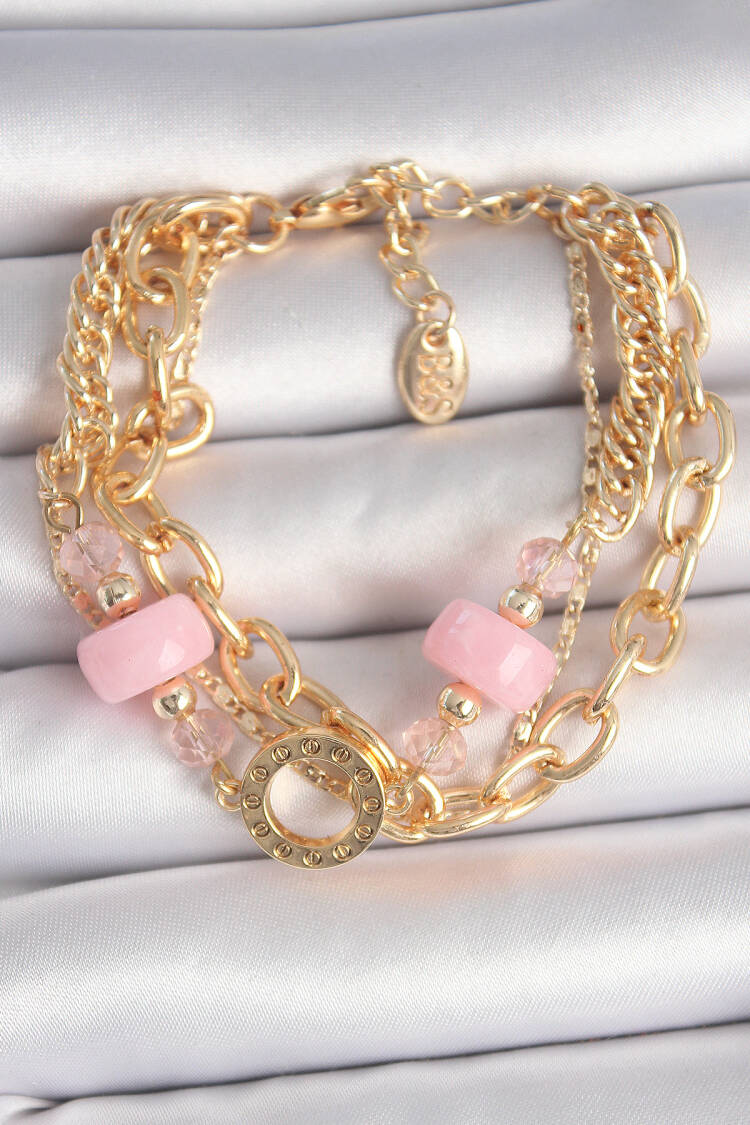 Brass Gold Color Multiple Pink Stone Women's Bracelet - Brand: Ebijuteri - Women's Clothing Wholesale - Globality Store