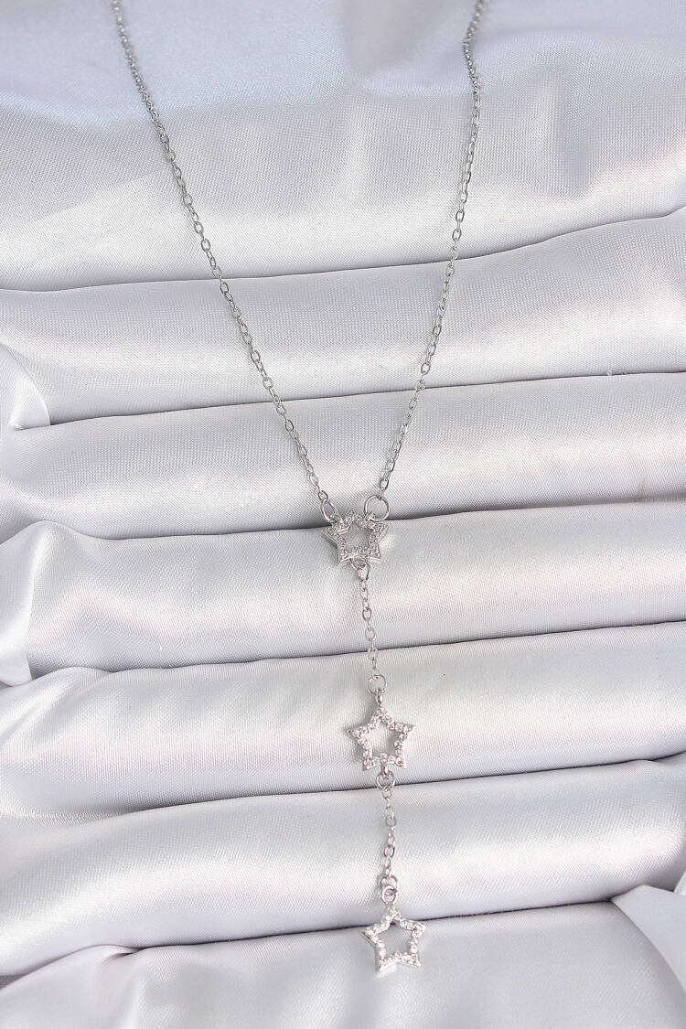 316l Steel Silver Color Chain Zircon Stone Star Y Model Women Necklace - Brand: Ebijuteri - Women's Clothing Wholesale - Globality Store