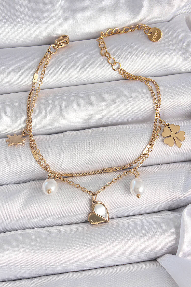316l Steel Gold Color 2-Piece Chain Model Rocking Heart Figure Clover Detail Women Bracelet - Brand: Ebijuteri - Women's Clothing Wholesale - Globality Store