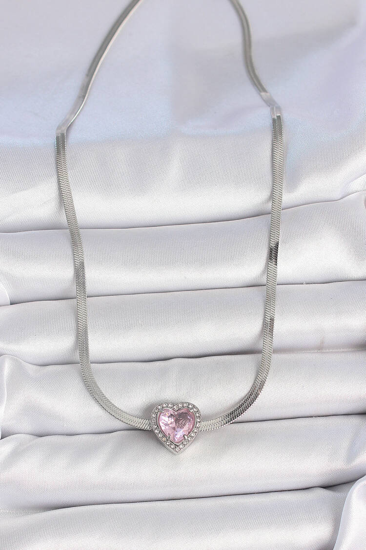 316l Steel Silver Color Italian Chain Pink Zircon Stone Heart Model Women Necklace