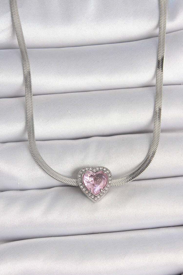 316l Steel Silver Color Italian Chain Pink Zircon Stone Heart Model Women Necklace - Brand: Ebijuteri - Women's Clothing Wholesale - Globality Store