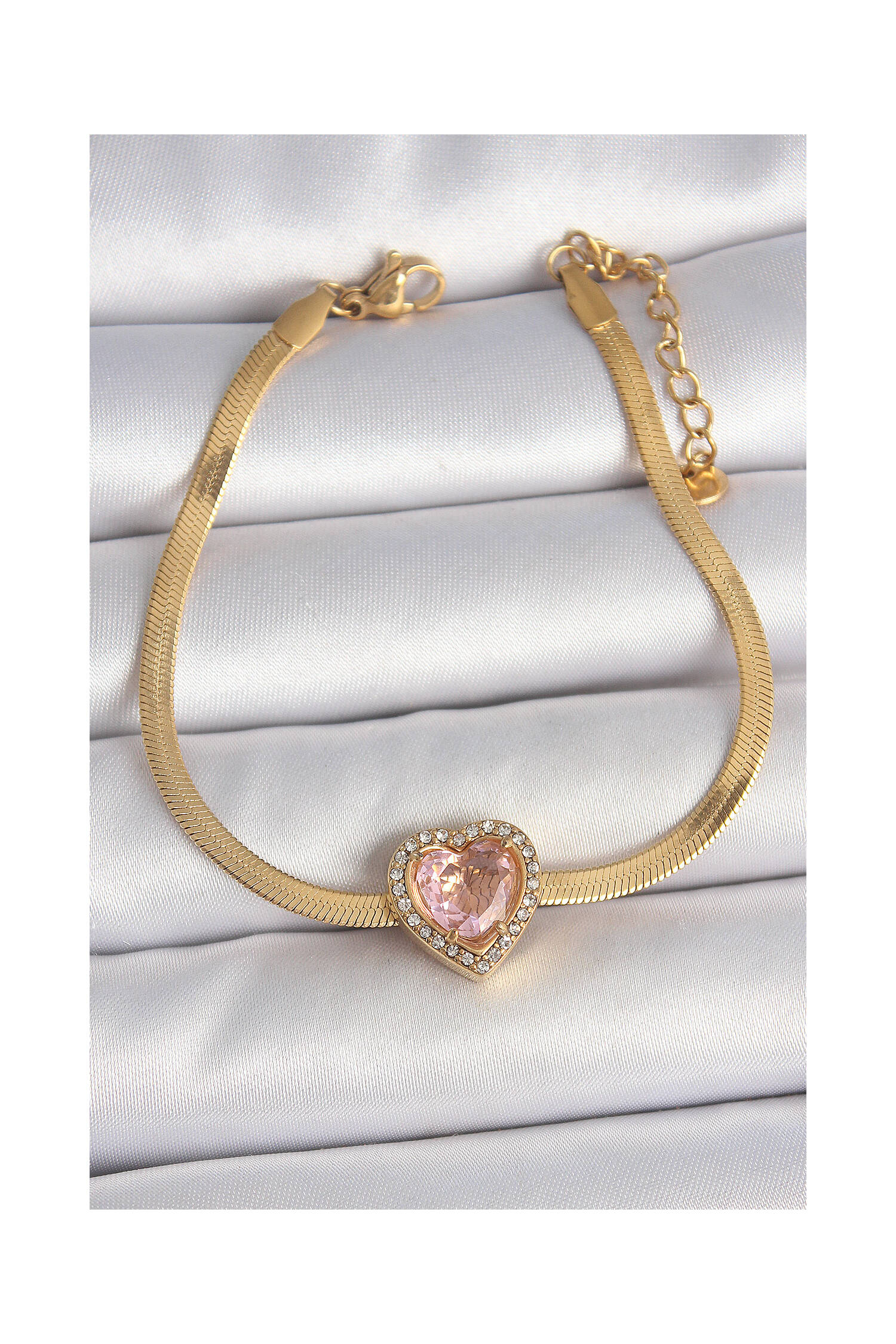 316l Steel Gold Color Italian Chain Pink Zircon Stone Heart Model Women Bracelet - Brand: Ebijuteri - Women's Clothing Wholesale - Globality Store