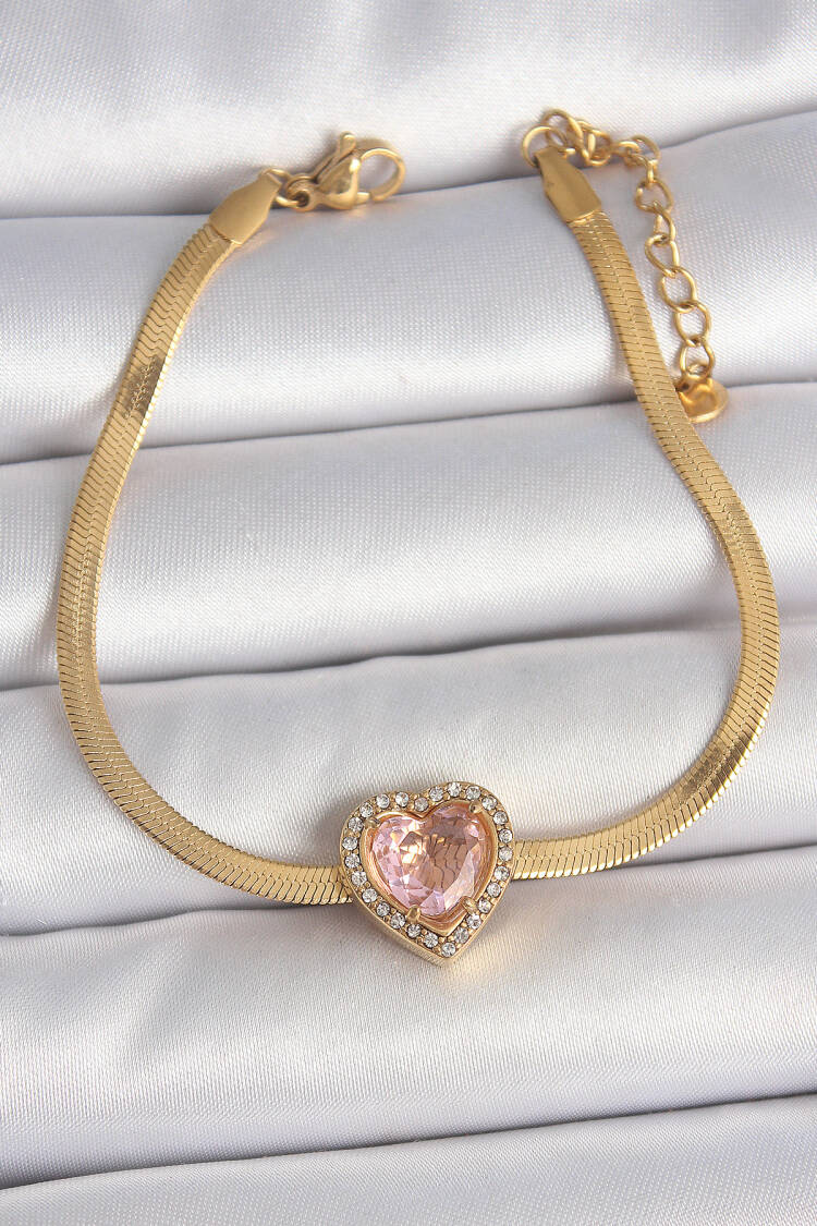 316l Steel Gold Color Italian Chain Pink Zircon Stone Heart Model Women Bracelet - Brand: Ebijuteri - Women's Clothing Wholesale - Globality Store