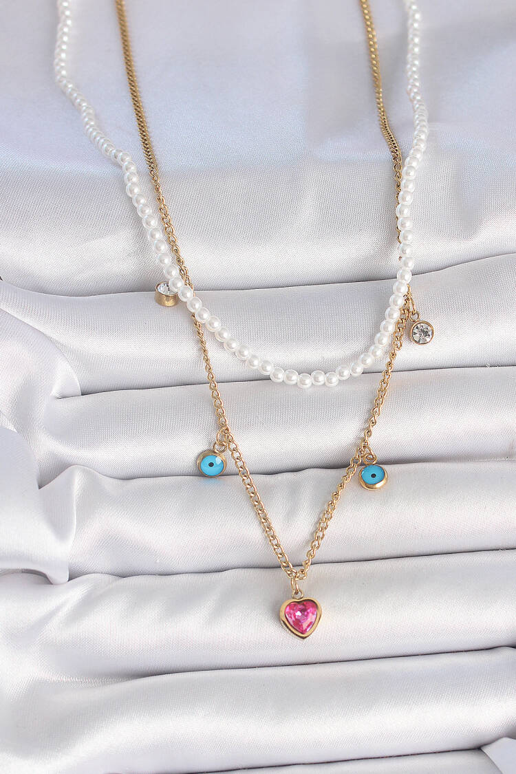 316l Steel Gold Color 2 Piece Pearl Chain Model Pink Stone Heart Figure Evil Eye Beads Detail Women Necklace
