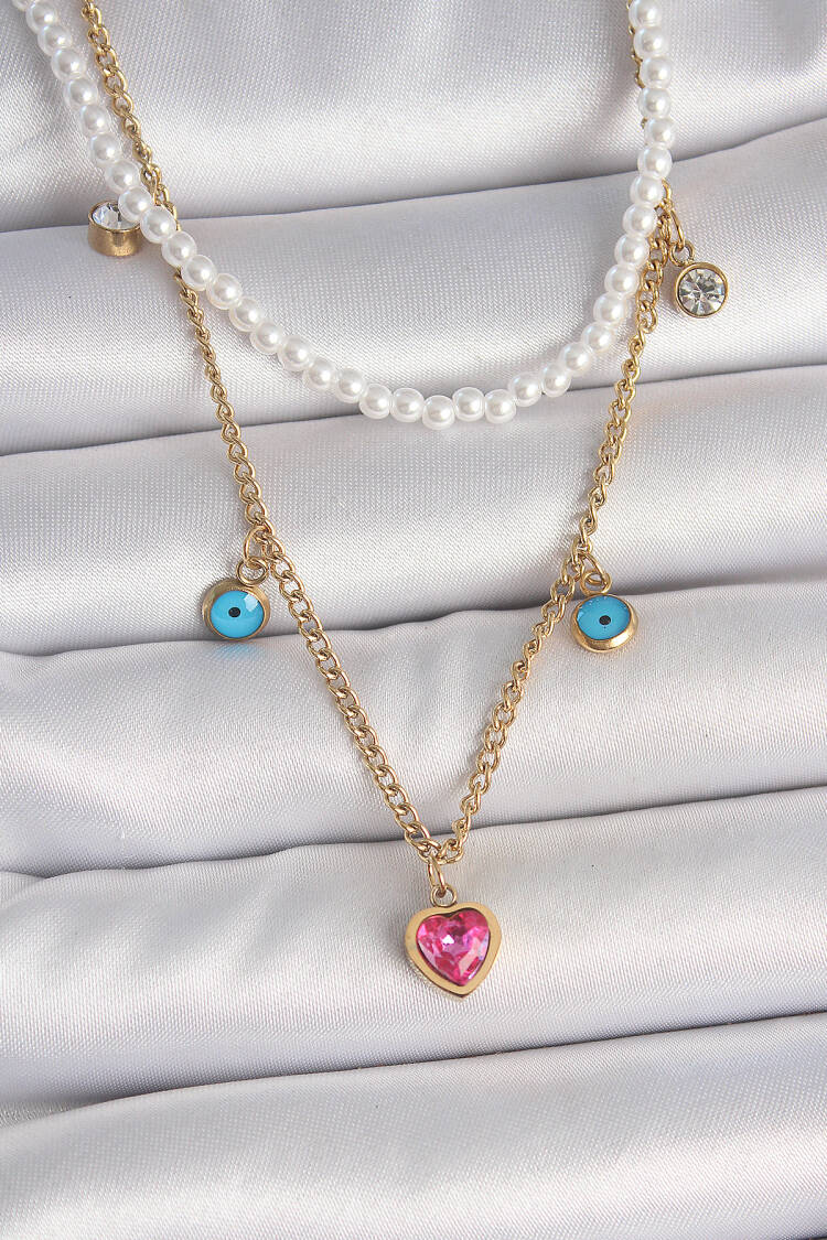 316l Steel Gold Color 2 Piece Pearl Chain Model Pink Stone Heart Figure Evil Eye Beads Detail Women Necklace - Brand: Ebijuteri - Women's Clothing Wholesale - Globality Store