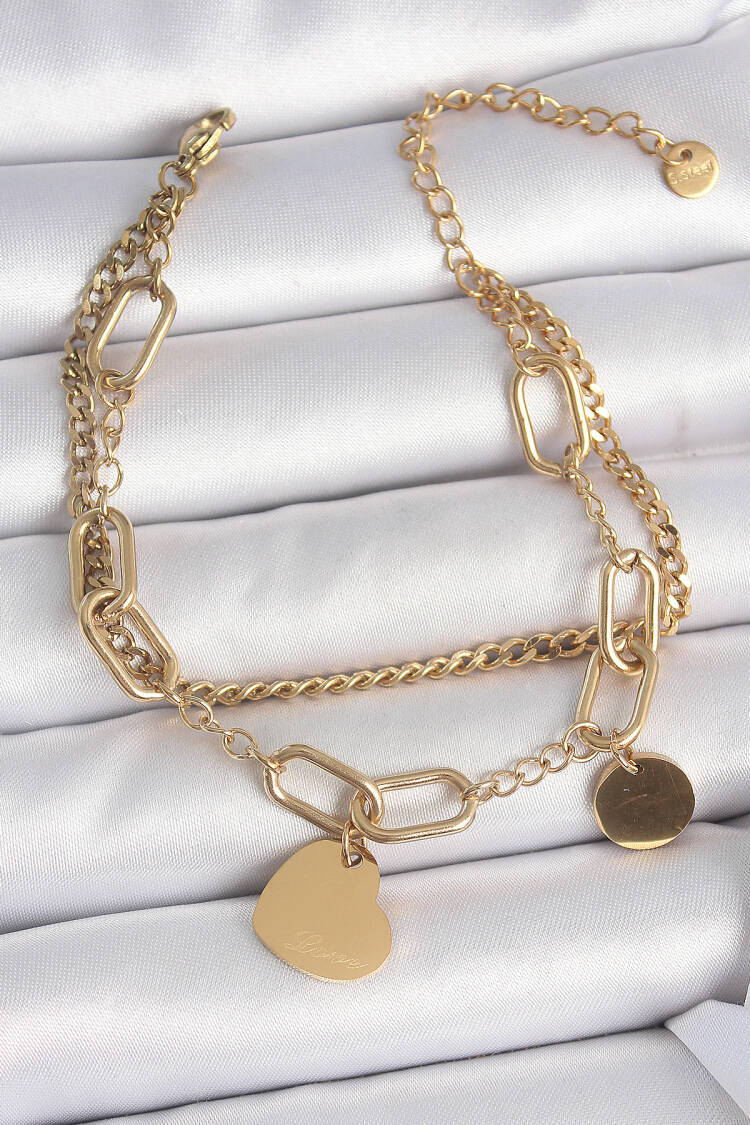 316l Steel Gold Color 2-Piece Chain Model Rocking Heart Figure Women Bracelet - Brand: Ebijuteri - Women's Clothing Wholesale - Globality Store