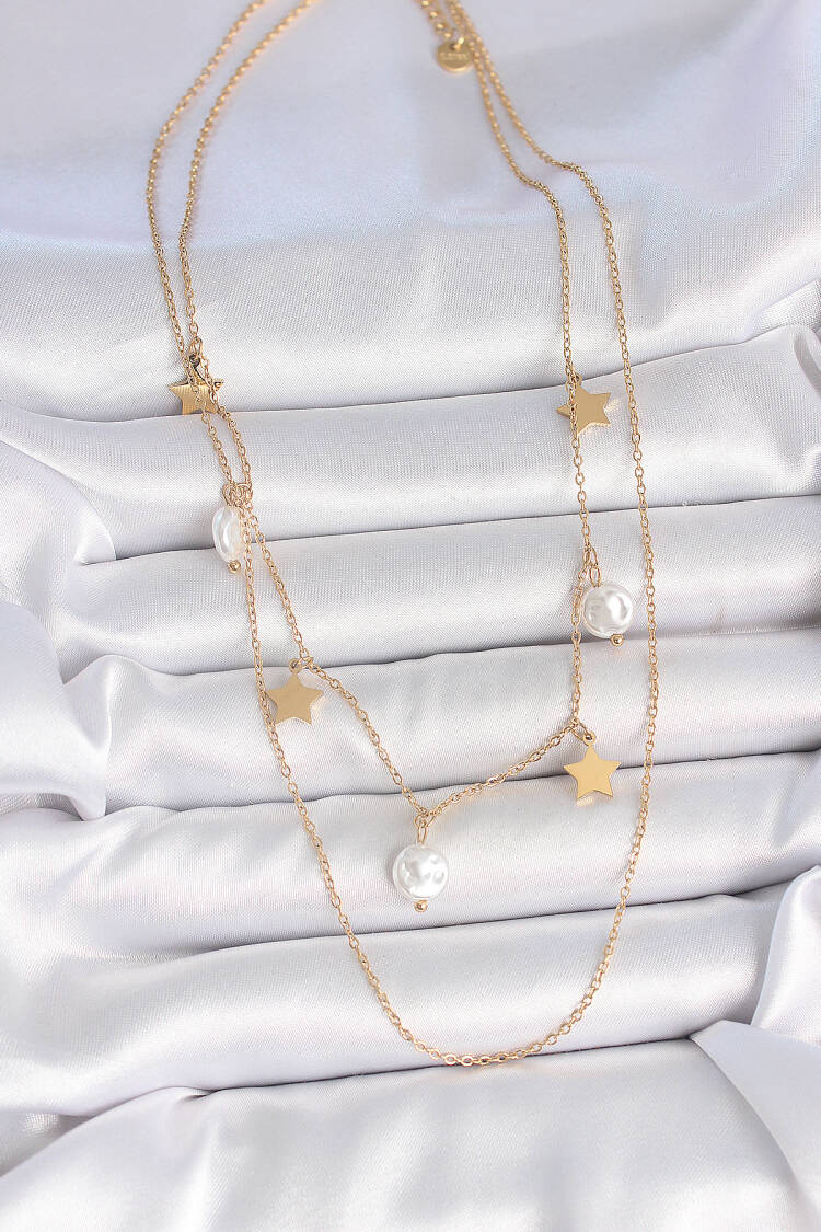 316l Steel Gold Color 2-Piece Chain Swing Star Pearl Model Women Necklace