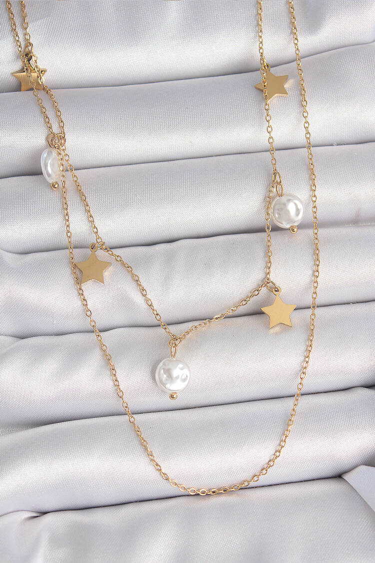 316l Steel Gold Color 2-Piece Chain Swing Star Pearl Model Women Necklace - Brand: Ebijuteri - Women's Clothing Wholesale - Globality Store