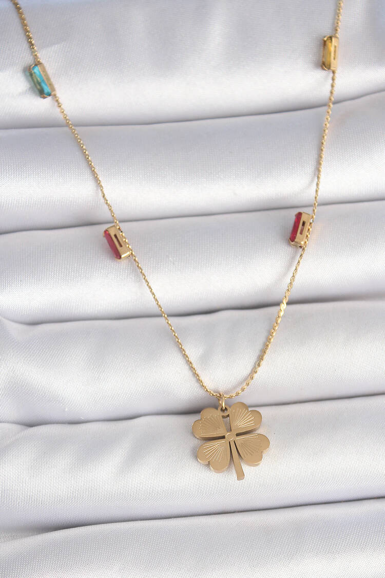 316l Steel Gold Color Clover Figure Zircon Stone Detailed Women Necklace - Brand: Ebijuteri - Women's Clothing Wholesale - Globality Store