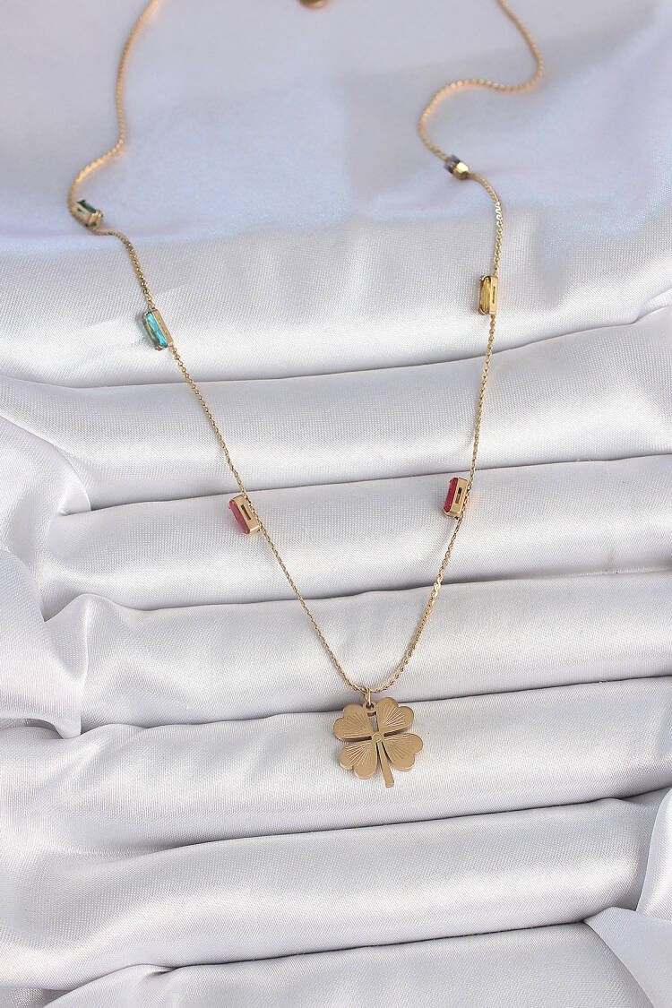 316l Steel Gold Color Clover Figure Zircon Stone Detailed Women Necklace
