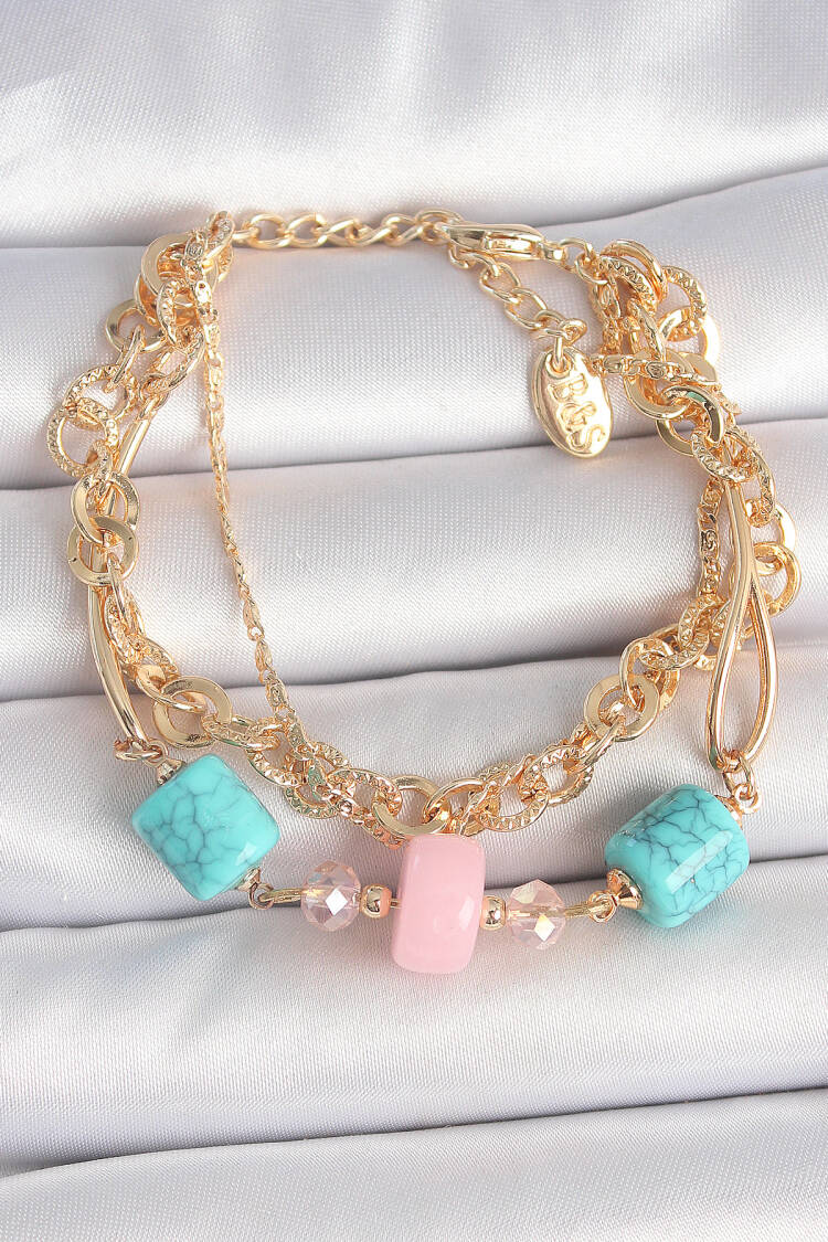 Brass Gold Color Multiple Chain Pattern Blue Stone Figured Women Bracelet - Brand: Ebijuteri - Women's Clothing Wholesale - Globality Store
