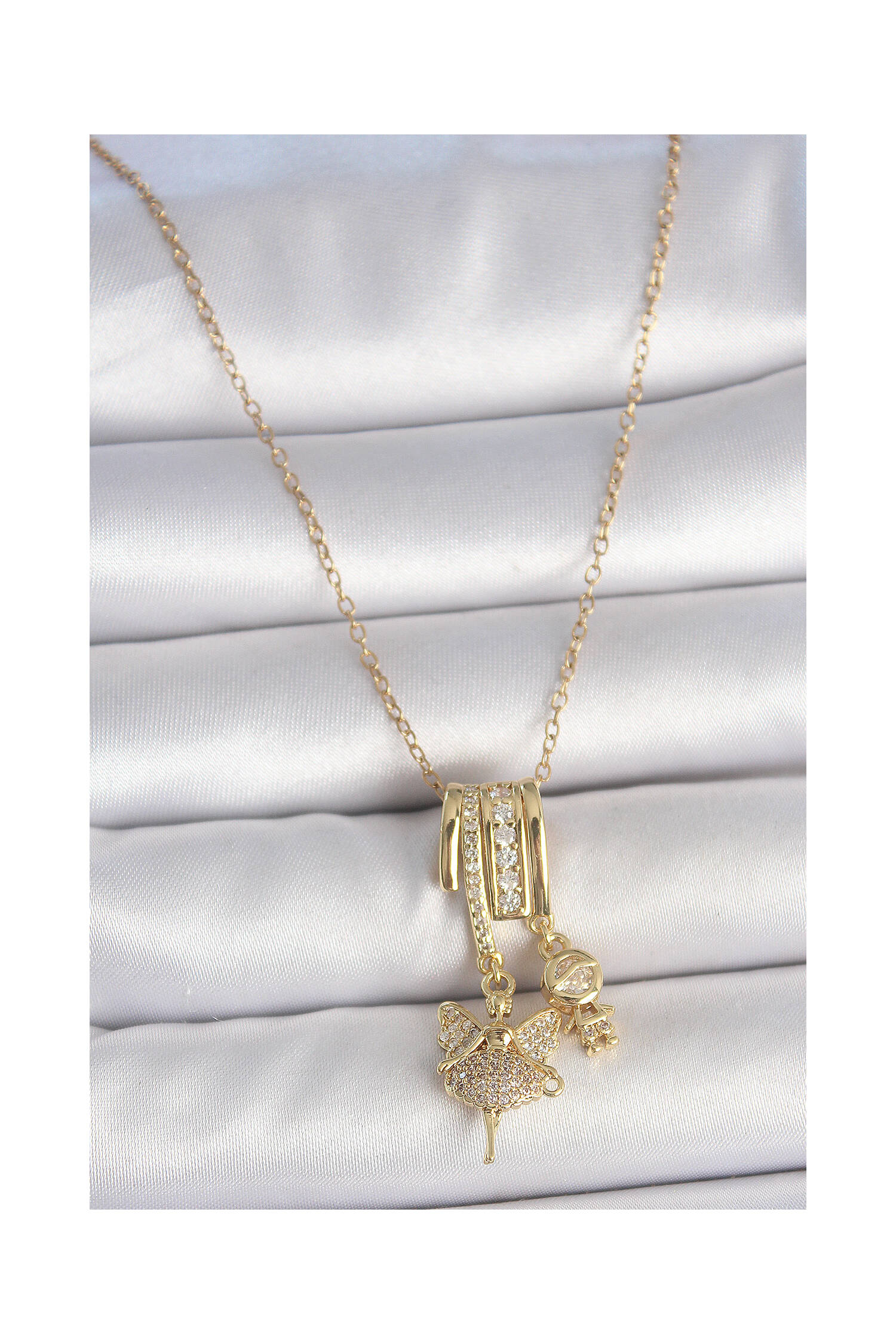316l Steel Gold Color Zircon Stone Swing Angel Figure Charm Women Necklace - Brand: Ebijuteri - Women's Clothing Wholesale - Globality Store