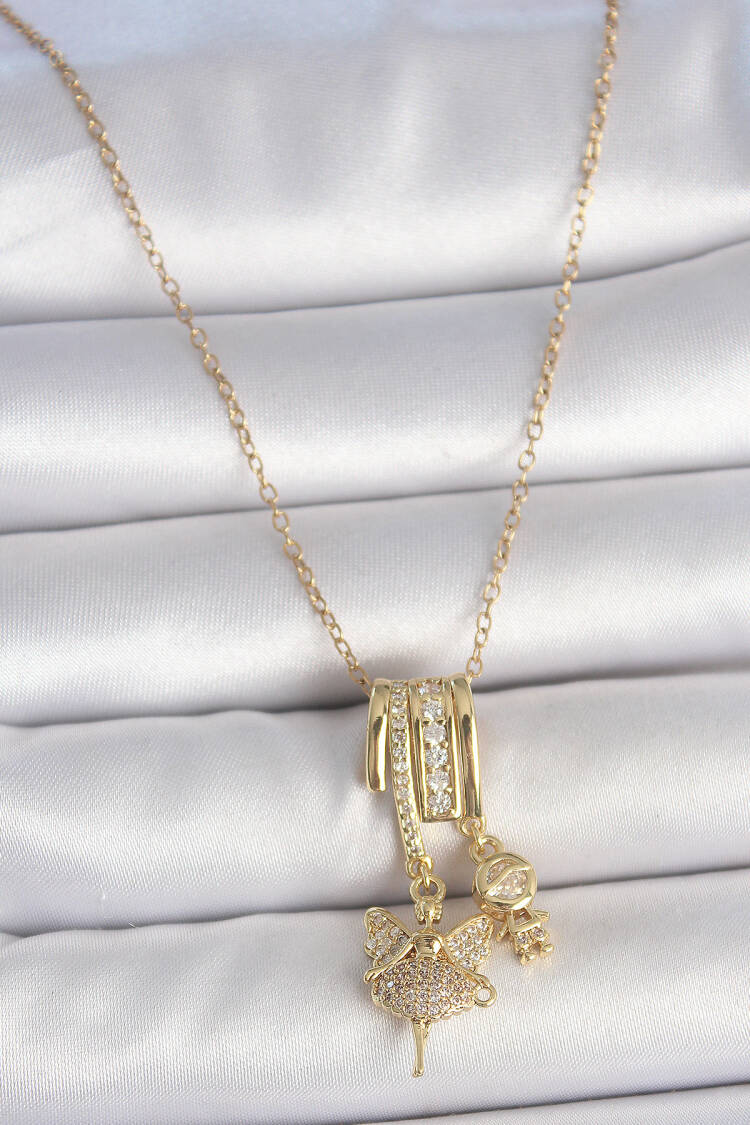 316l Steel Gold Color Zircon Stone Swing Angel Figure Charm Women Necklace - Brand: Ebijuteri - Women's Clothing Wholesale - Globality Store