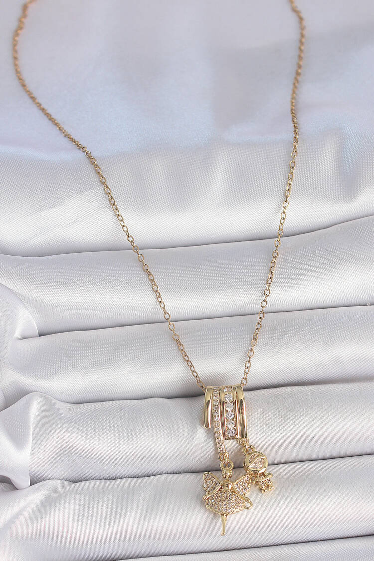 316l Steel Gold Color Zircon Stone Swing Angel Figure Charm Women Necklace