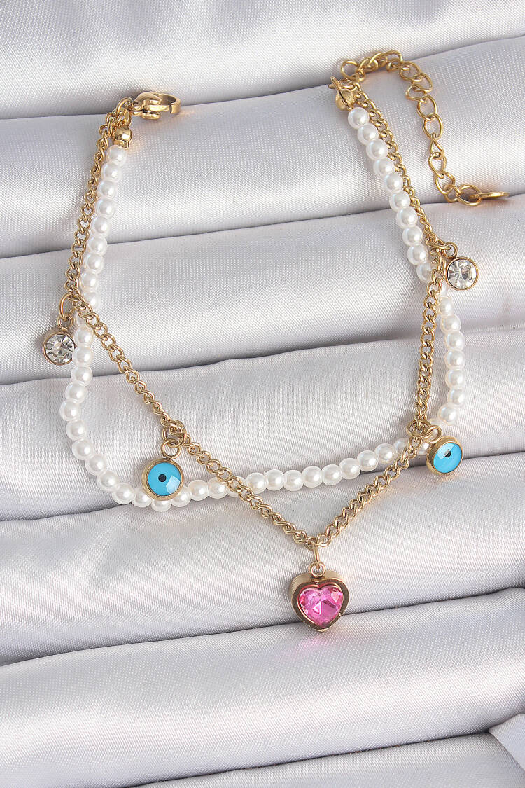 316l Steel Gold Color 2-Piece Pearl Chain Shake Pink Heart Pattern Evil Eye Beads Detail Women's Bracelet - Brand: Ebijuteri - Women's Clothing Wholesale - Globality Store