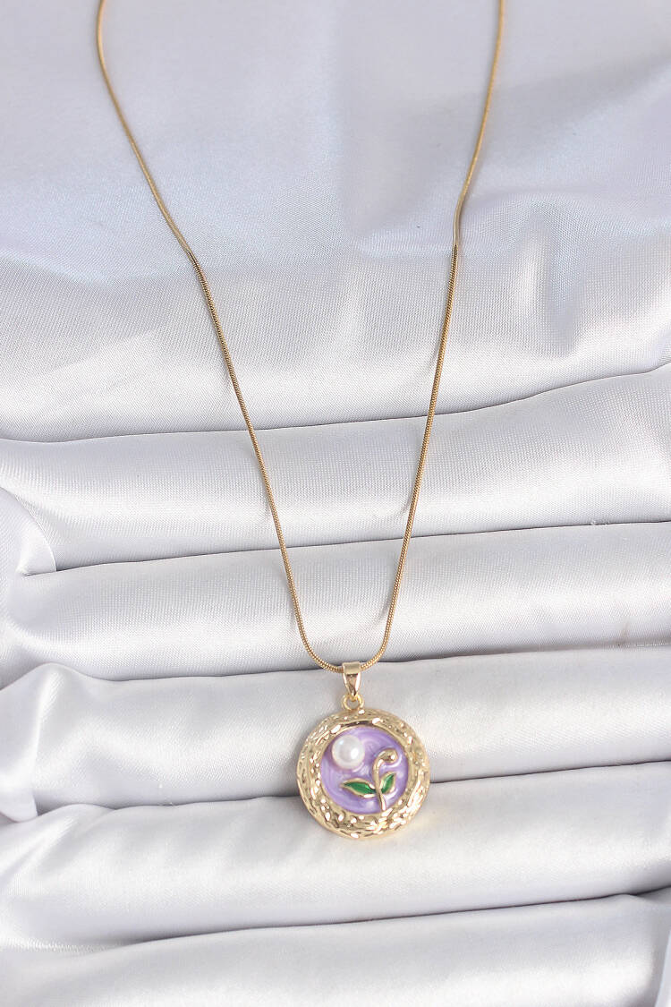 316l Steel Gold Color Chain Purple Flower Embroidered Pearl Detail Potre Model Women Necklace