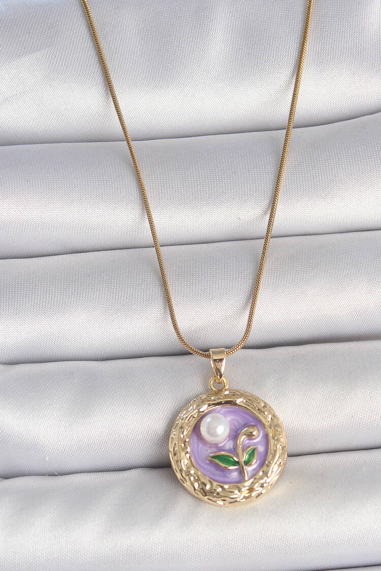 316l Steel Gold Color Chain Purple Flower Embroidered Pearl Detail Potre Model Women Necklace - Brand: Ebijuteri - Women's Clothing Wholesale - Globality Store