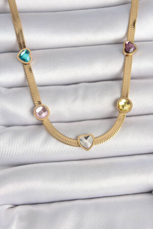 316l Steel Gold Color Italian Chain Colorful Zircon Stone Heart Figure Women Necklace - Brand: Ebijuteri - Women's Clothing Wholesale - Globality Store