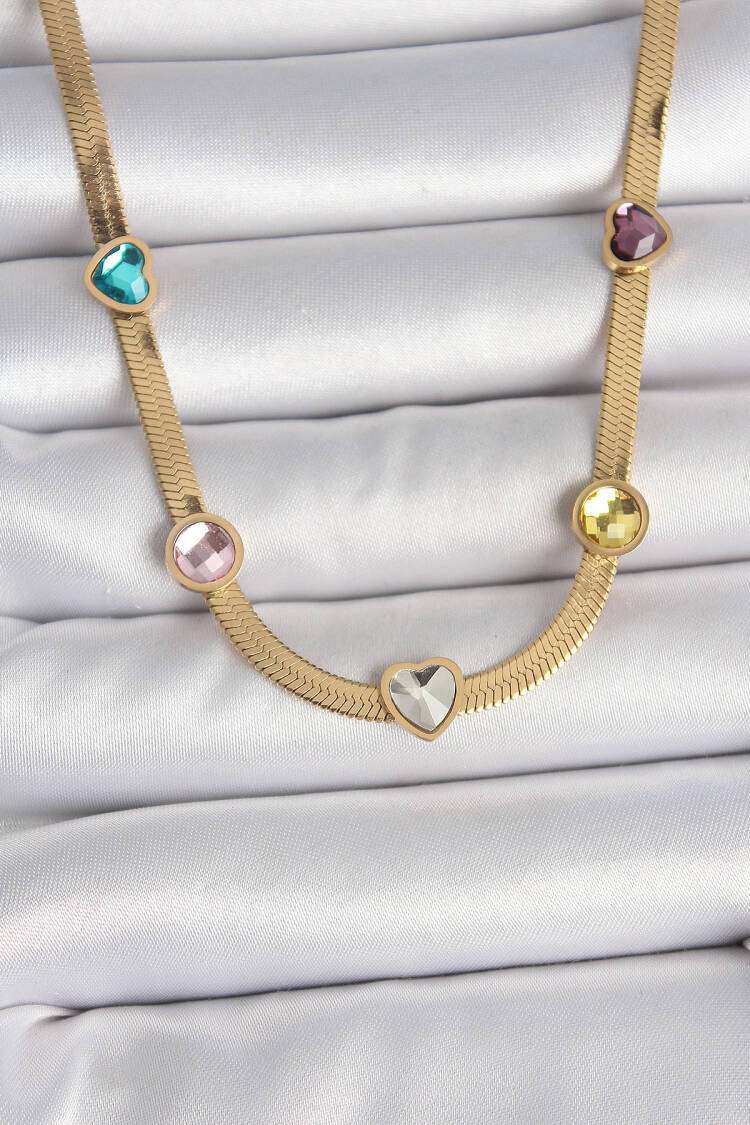 316l Steel Gold Color Italian Chain Colorful Zircon Stone Heart Figure Women Necklace - Brand: Ebijuteri - Women's Clothing Wholesale - Globality Store