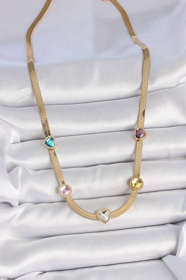 316l Steel Gold Color Italian Chain Colorful Zircon Stone Heart Figure Women Necklace
