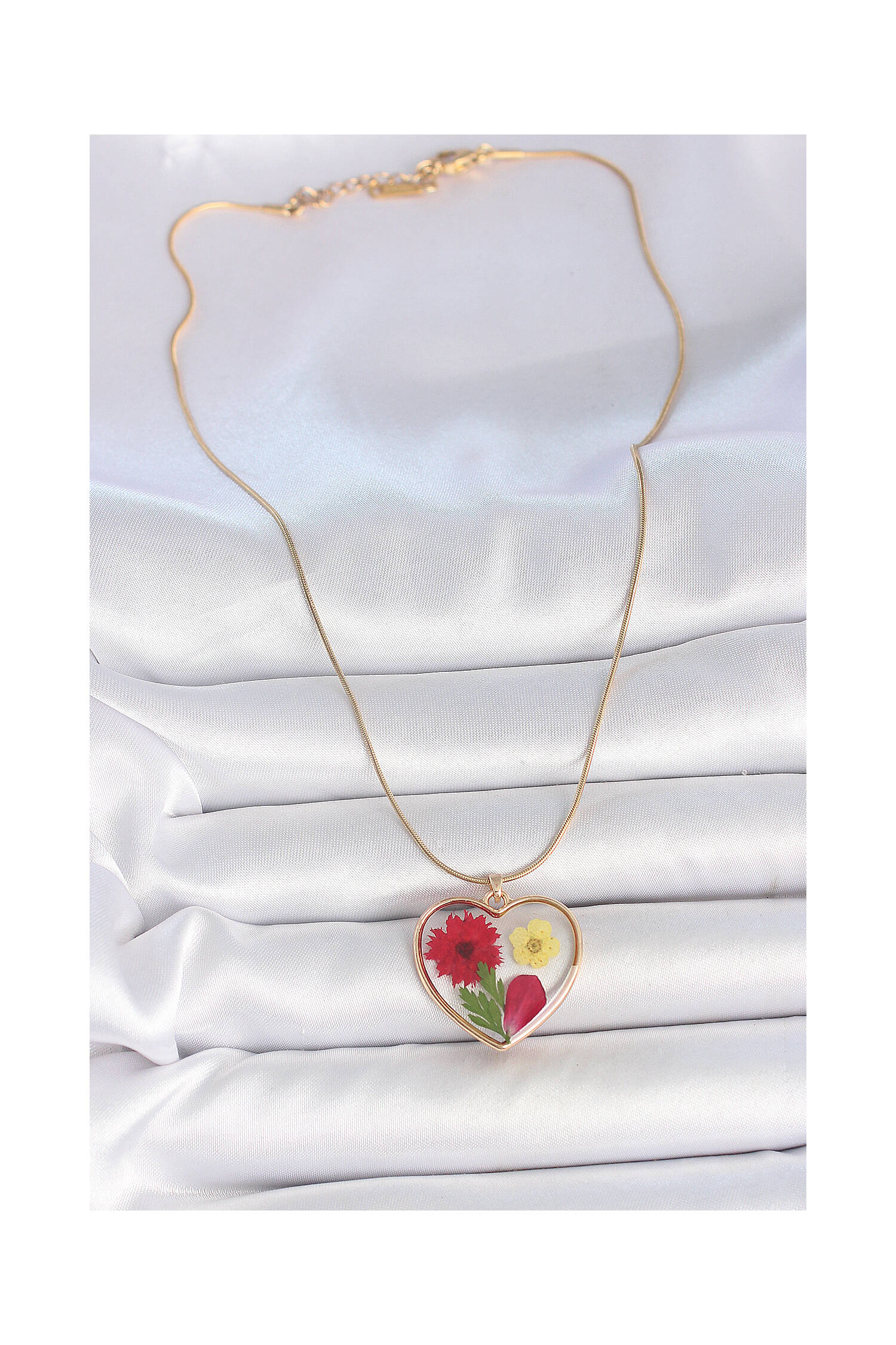 316l Steel Gold Color Chain Epoxy Heart Natural Flower Pattern Women Necklace - Brand: Ebijuteri - Women's Clothing Wholesale - Globality Store
