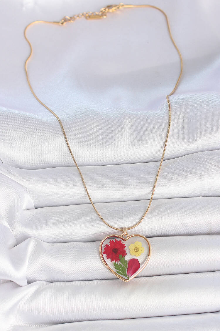 316l Steel Gold Color Chain Epoxy Heart Natural Flower Pattern Women Necklace