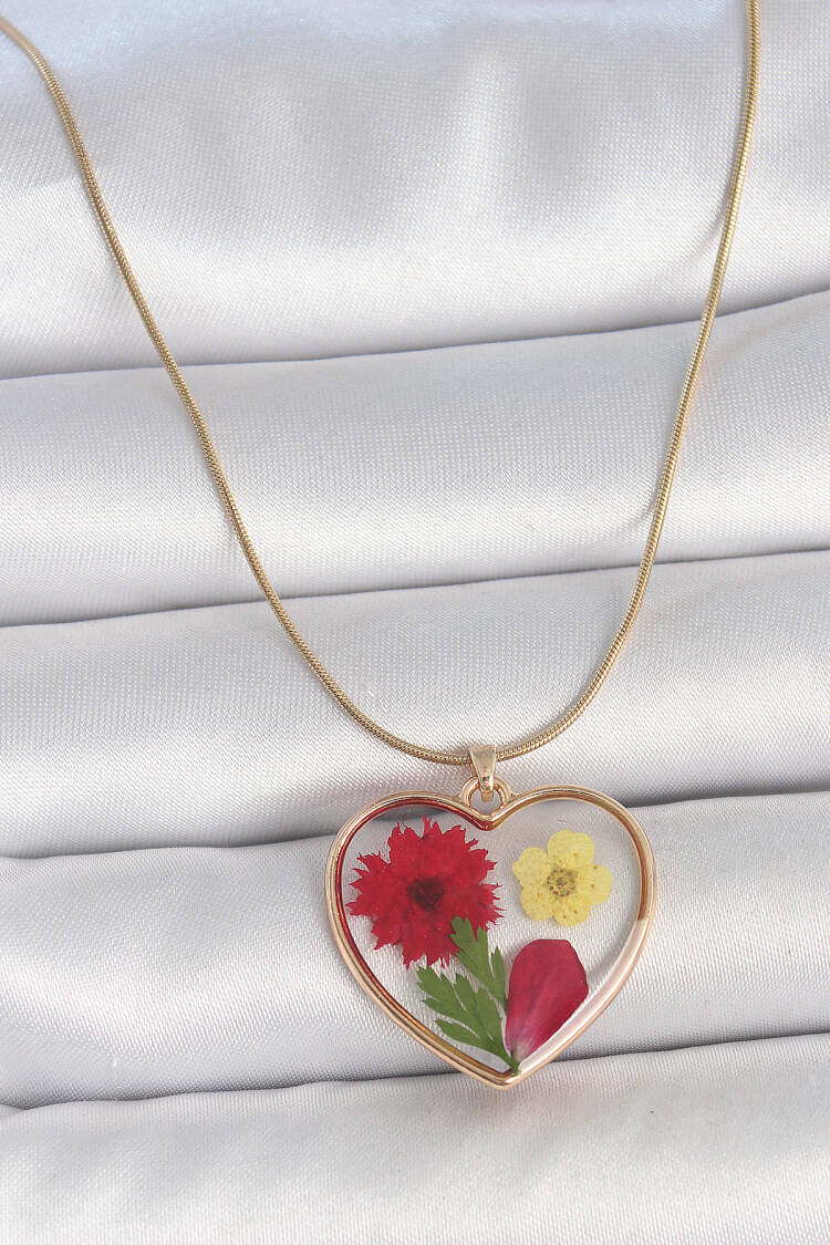 316l Steel Gold Color Chain Epoxy Heart Natural Flower Pattern Women Necklace - Brand: Ebijuteri - Women's Clothing Wholesale - Globality Store