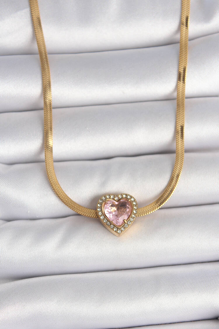 316l Steel Gold Color Italian Chain Pink Zircon Stone Heart Model Women Necklace - Brand: Ebijuteri - Women's Clothing Wholesale - Globality Store