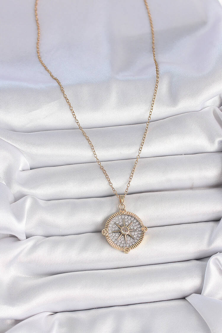 316l Steel Gold Color Zircon Stone Compass Model Women Necklace
