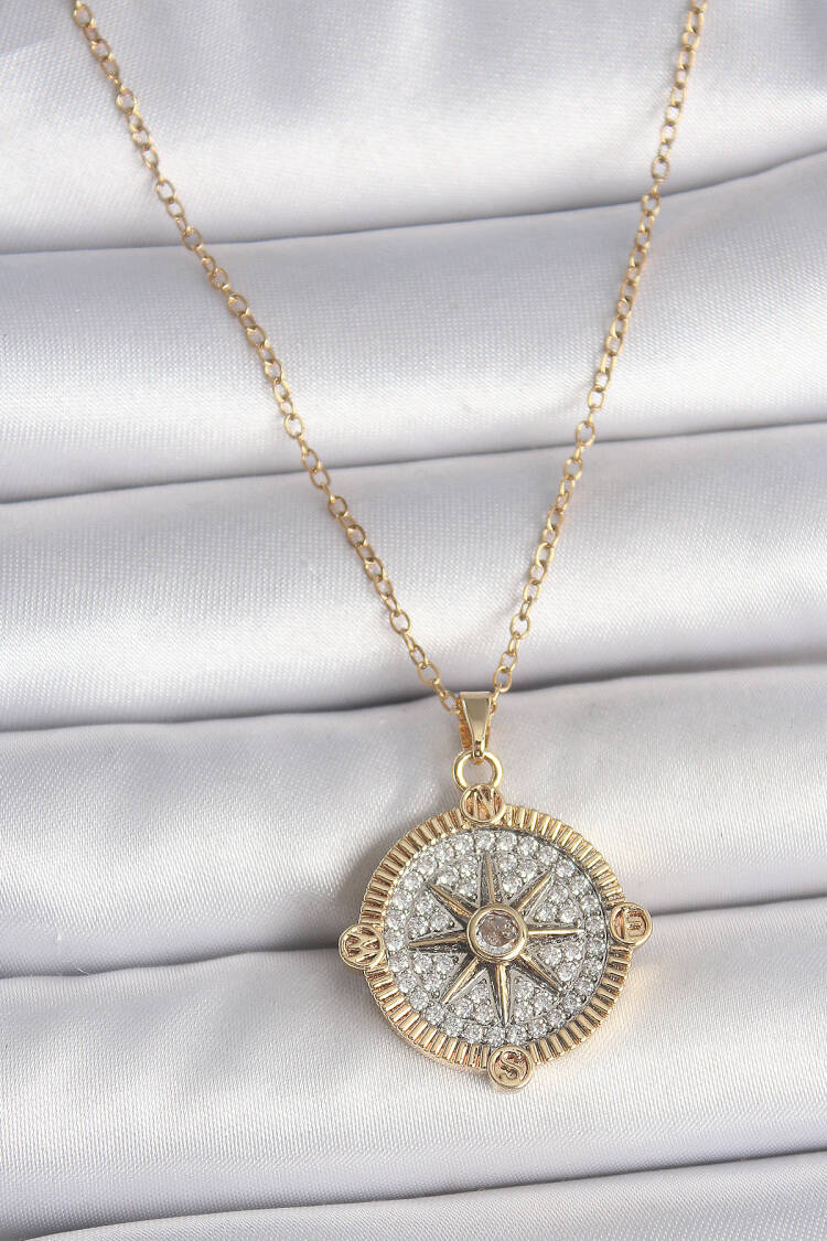 316l Steel Gold Color Zircon Stone Compass Model Women Necklace - Brand: Ebijuteri - Women's Clothing Wholesale - Globality Store