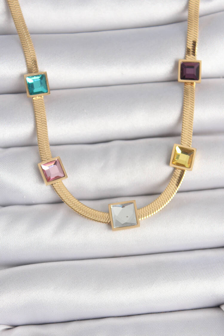 316l Steel Gold Color Italian Chain Model Square Color Zircon Stone Women Necklace - Brand: Ebijuteri - Women's Clothing Wholesale - Globality Store