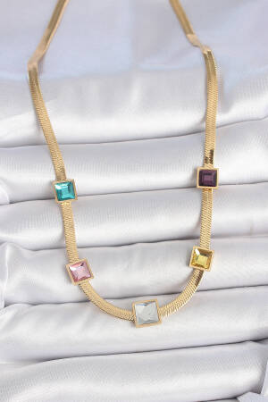 316l Steel Gold Color Italian Chain Model Square Color Zircon Stone Women Necklace - Brand: Ebijuteri - Women's Clothing Wholesale - Globality Store