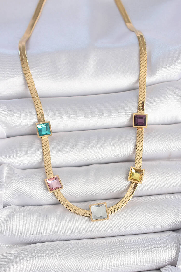 316l Steel Gold Color Italian Chain Model Square Color Zircon Stone Women Necklace