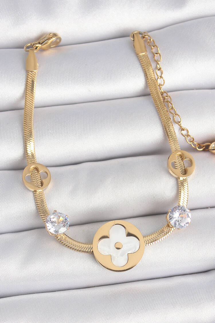 316l Steel Gold Color Italian Chain White Enameled Clover Model Zircon Stone Detailed Women's Bracelet - Brand: Ebijuteri - Women's Clothing Wholesale - Globality Store