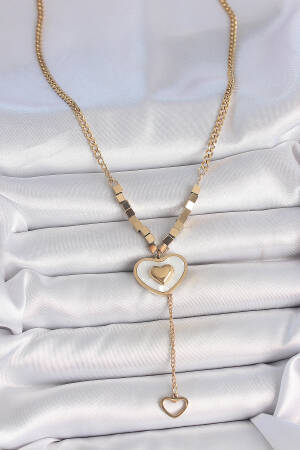 316l Steel Gold Color Chain White Enameled Heart Figure Shaking Detail Women Necklace - Brand: Ebijuteri - Women's Clothing Wholesale - Globality Store