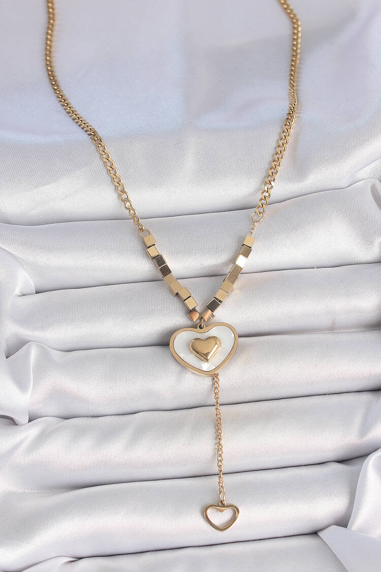 316l Steel Gold Color Chain White Enameled Heart Figure Shaking Detail Women Necklace