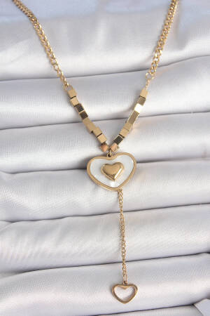 316l Steel Gold Color Chain White Enameled Heart Figure Shaking Detail Women Necklace - Brand: Ebijuteri - Women's Clothing Wholesale - Globality Store