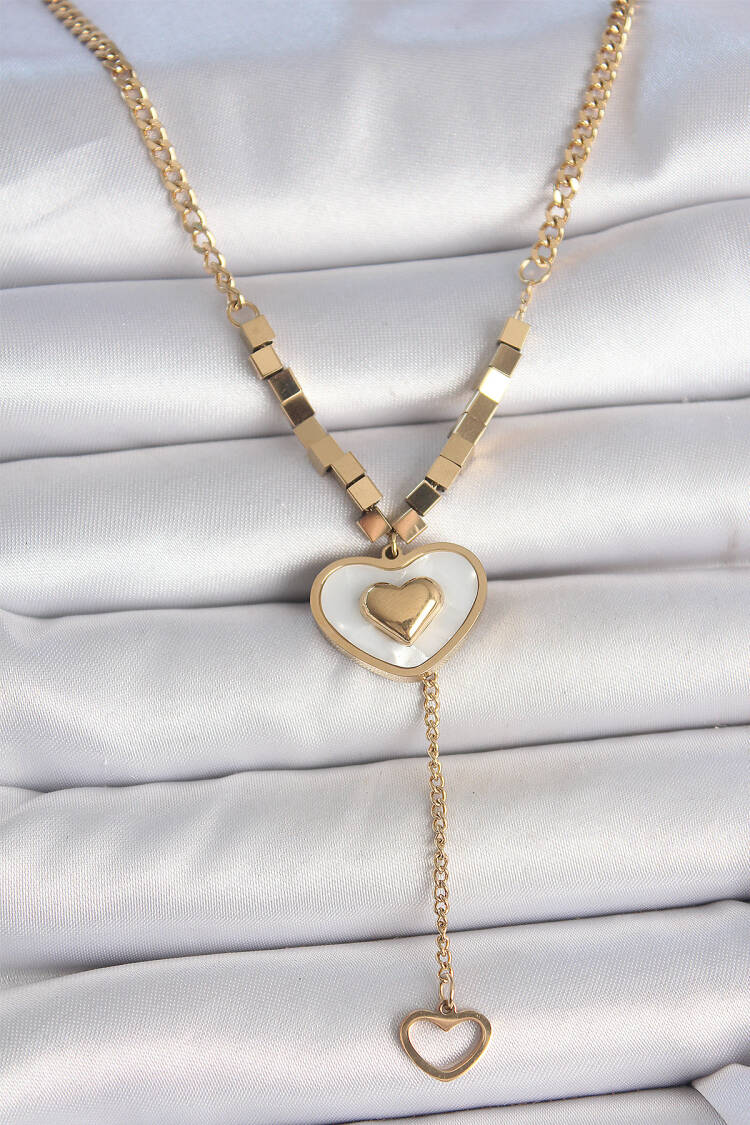 316l Steel Gold Color Chain White Enameled Heart Figure Shaking Detail Women Necklace - Brand: Ebijuteri - Women's Clothing Wholesale - Globality Store