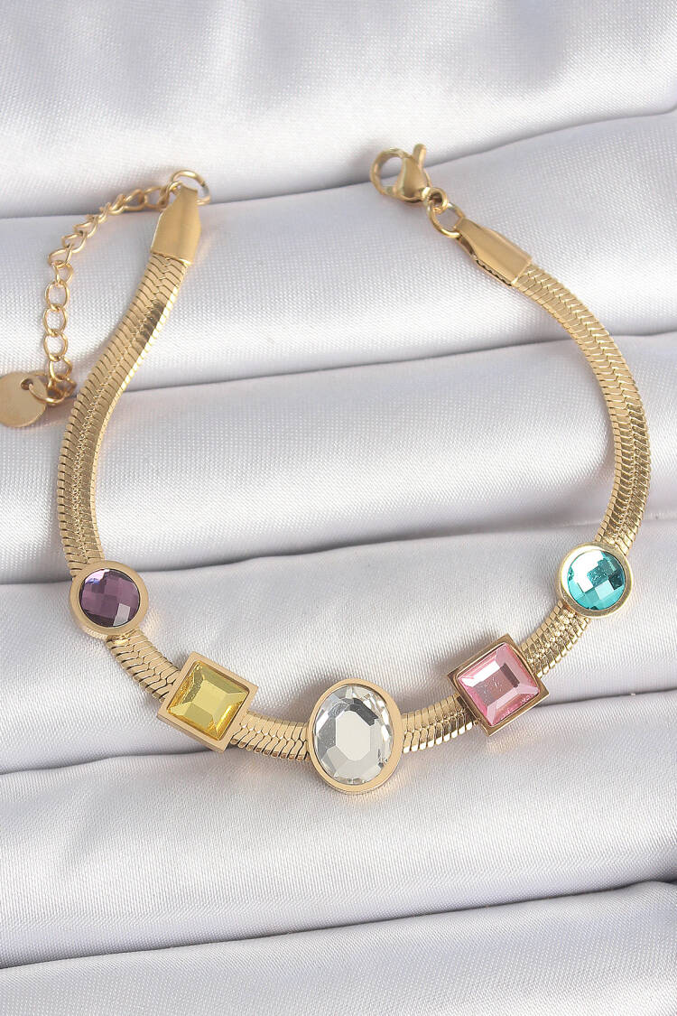 316l Steel Gold Color Italian Chain Colored Zircon Stone Women Bracelet - Brand: Ebijuteri - Women's Clothing Wholesale - Globality Store