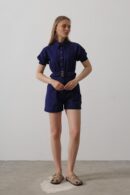 Shirt Collar Gabardine Jumpsuit - Indigo - Brand: Reyon - Women's Clothing Wholesale - Globality Store