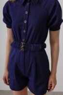 Shirt Collar Gabardine Jumpsuit - Indigo - Brand: Reyon - Women's Clothing Wholesale - Globality Store