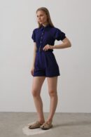 Shirt Collar Gabardine Jumpsuit - Indigo - Brand: Reyon - Women's Clothing Wholesale - Globality Store