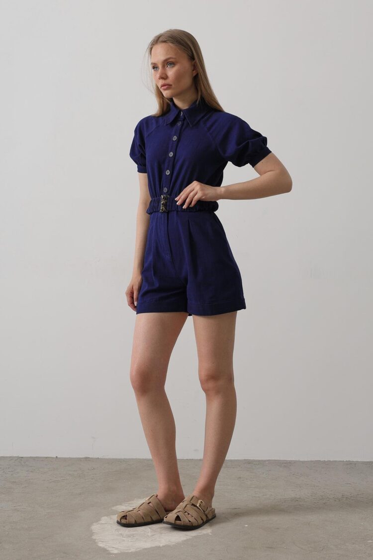 Shirt Collar Gabardine Jumpsuit - Indigo
